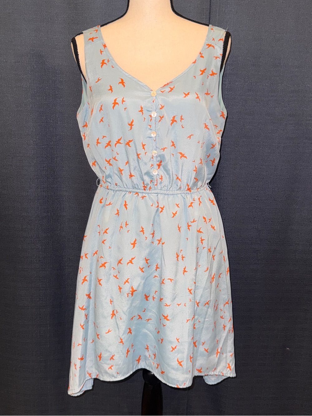 Olive & Oak Light Blue Sleeveless V-Neck Mini Dress with Orange Bird Print